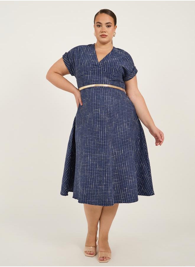 Plus Size Short Sleeves A-Line Midi Dress with Chain Belt