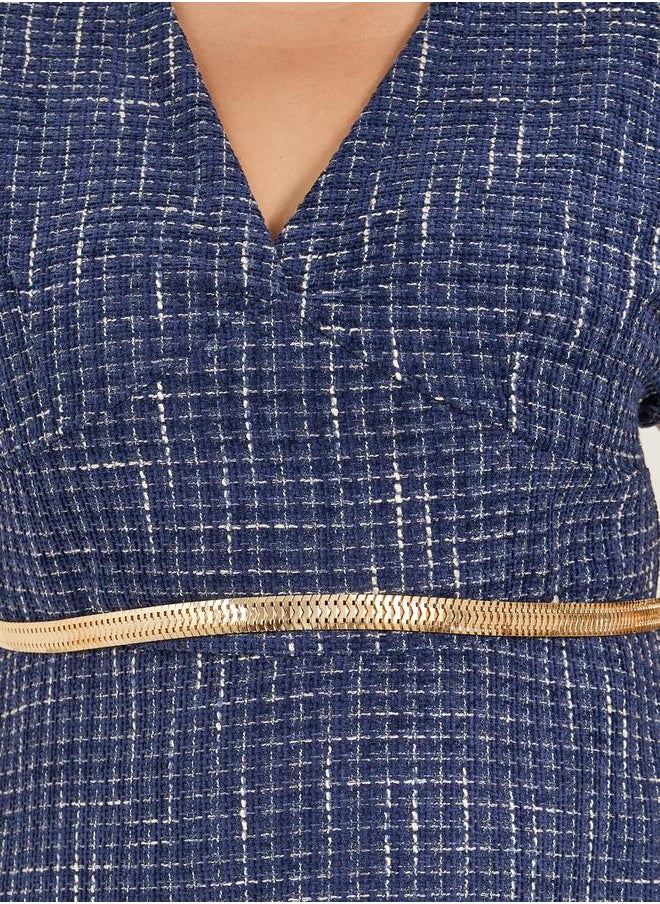 Plus Size Short Sleeves A-Line Midi Dress with Chain Belt