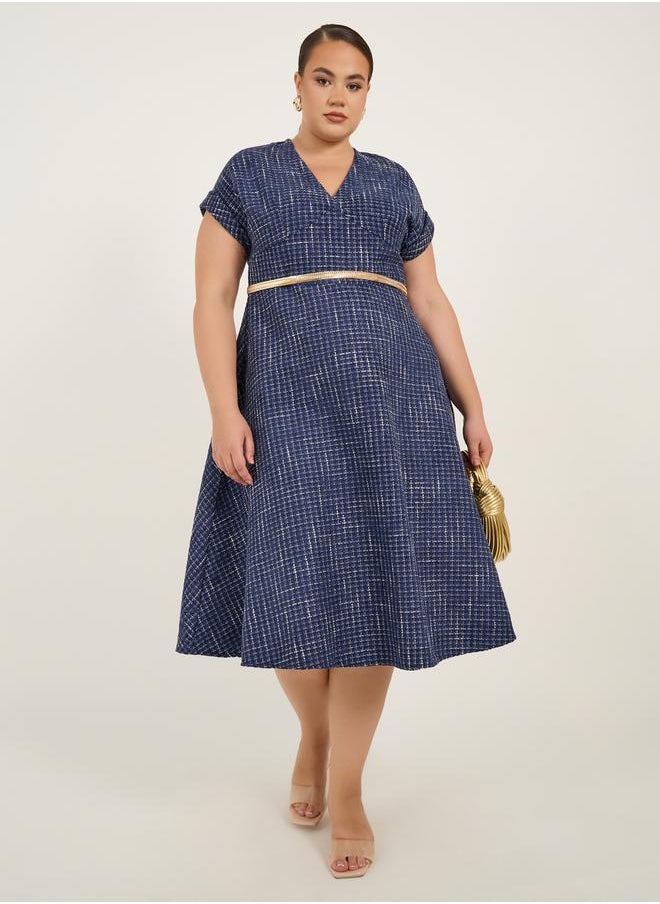 Plus Size Short Sleeves A-Line Midi Dress with Chain Belt