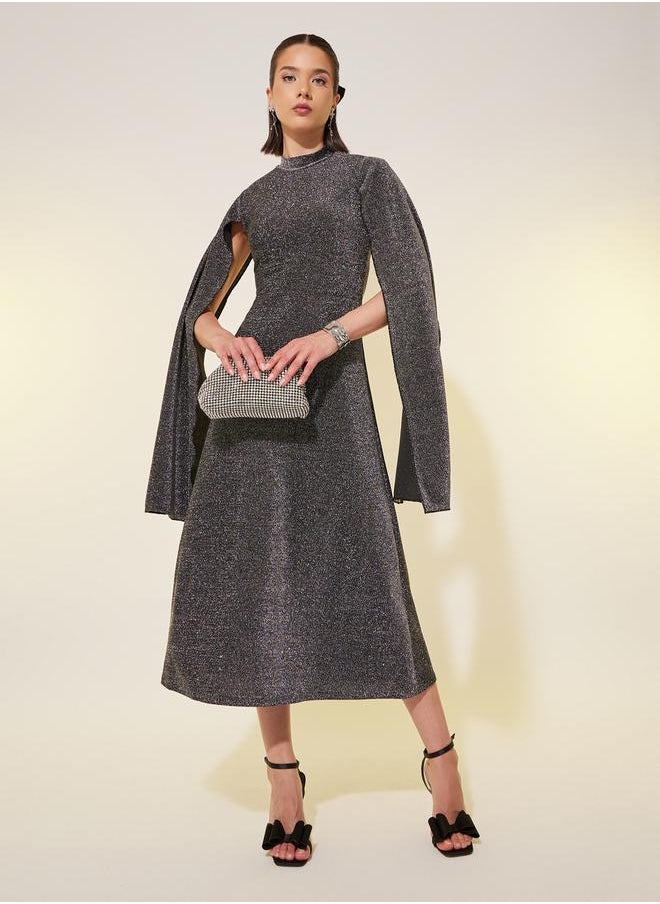 Metallic Design High Neck Sheath Midi Dress