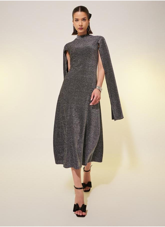 Metallic Design High Neck Sheath Midi Dress