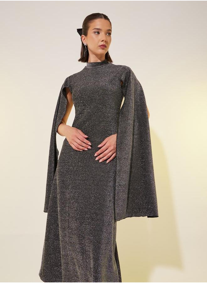 Metallic Design High Neck Sheath Midi Dress