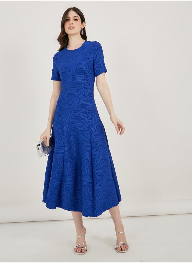 Textured A-Line Midi Dress with Box Pleat