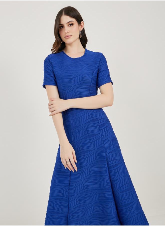 Textured A-Line Midi Dress with Box Pleat
