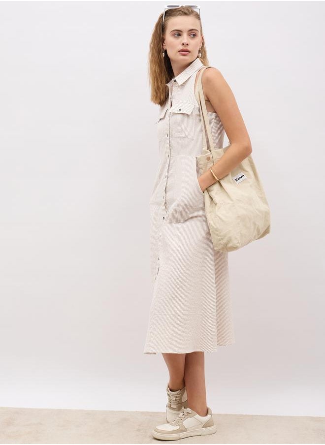 Striped Sleeveless Shirt Midi Dress with Pockets