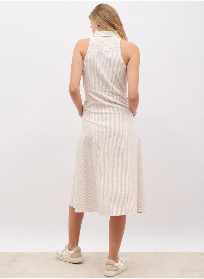 Striped Sleeveless Shirt Midi Dress with Pockets
