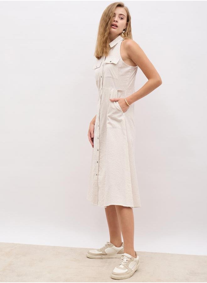 Striped Sleeveless Shirt Midi Dress with Pockets