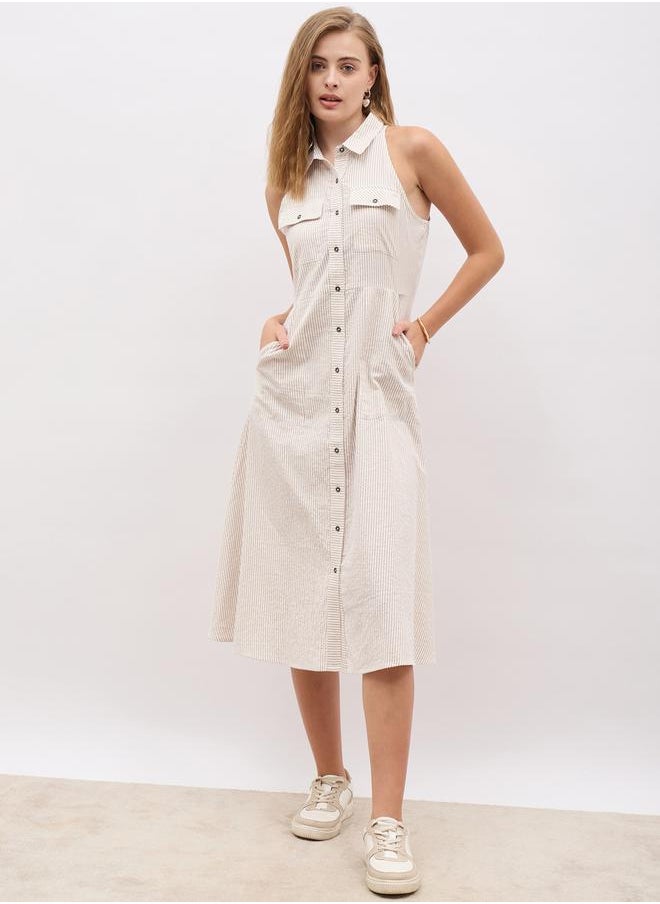 Striped Sleeveless Shirt Midi Dress with Pockets