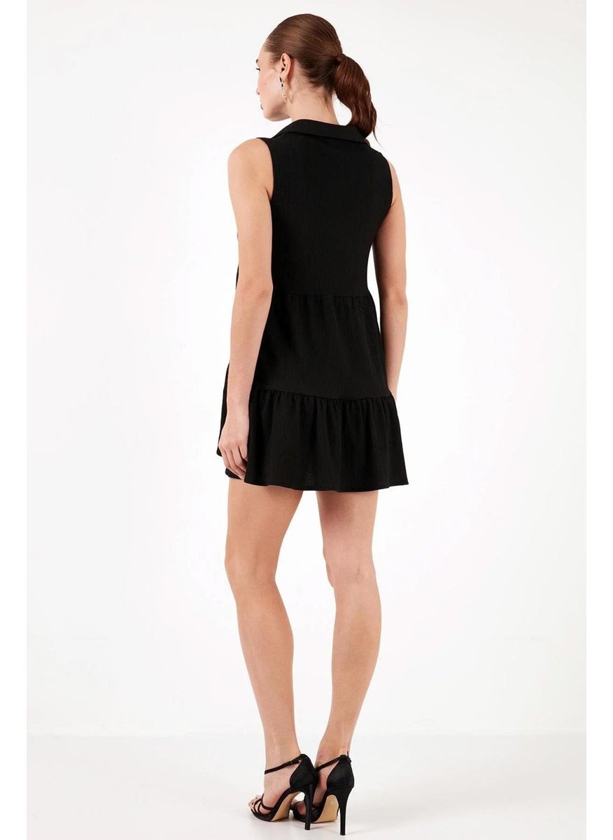 Women's Black Shirt Collar Front Buttoned Rushel Fabric Dress