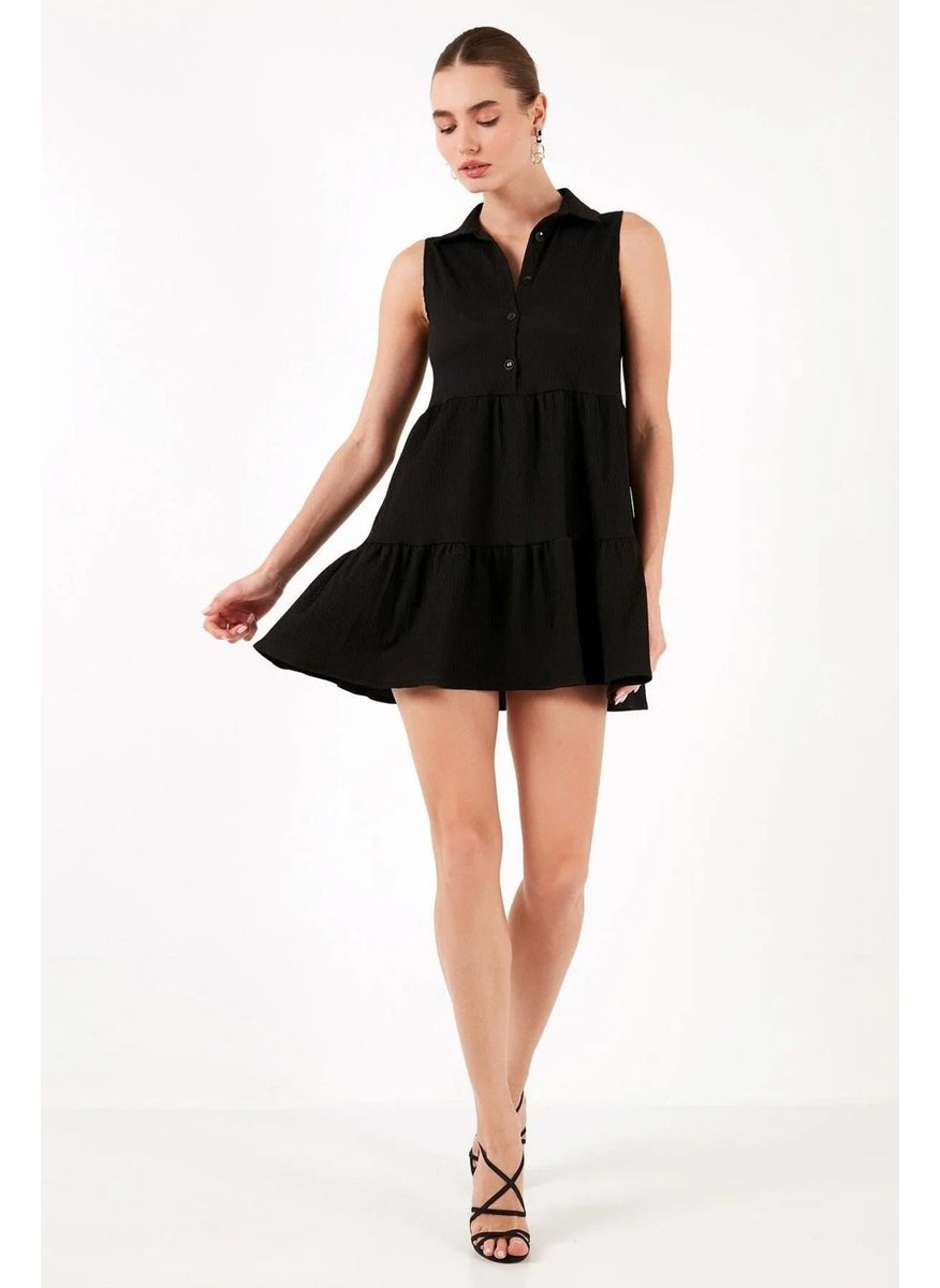 Women's Black Shirt Collar Front Buttoned Rushel Fabric Dress