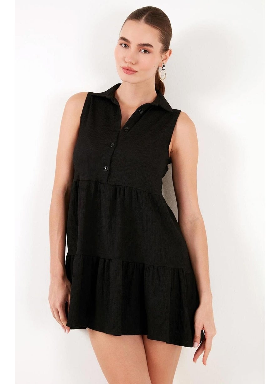 Women's Black Shirt Collar Front Buttoned Rushel Fabric Dress