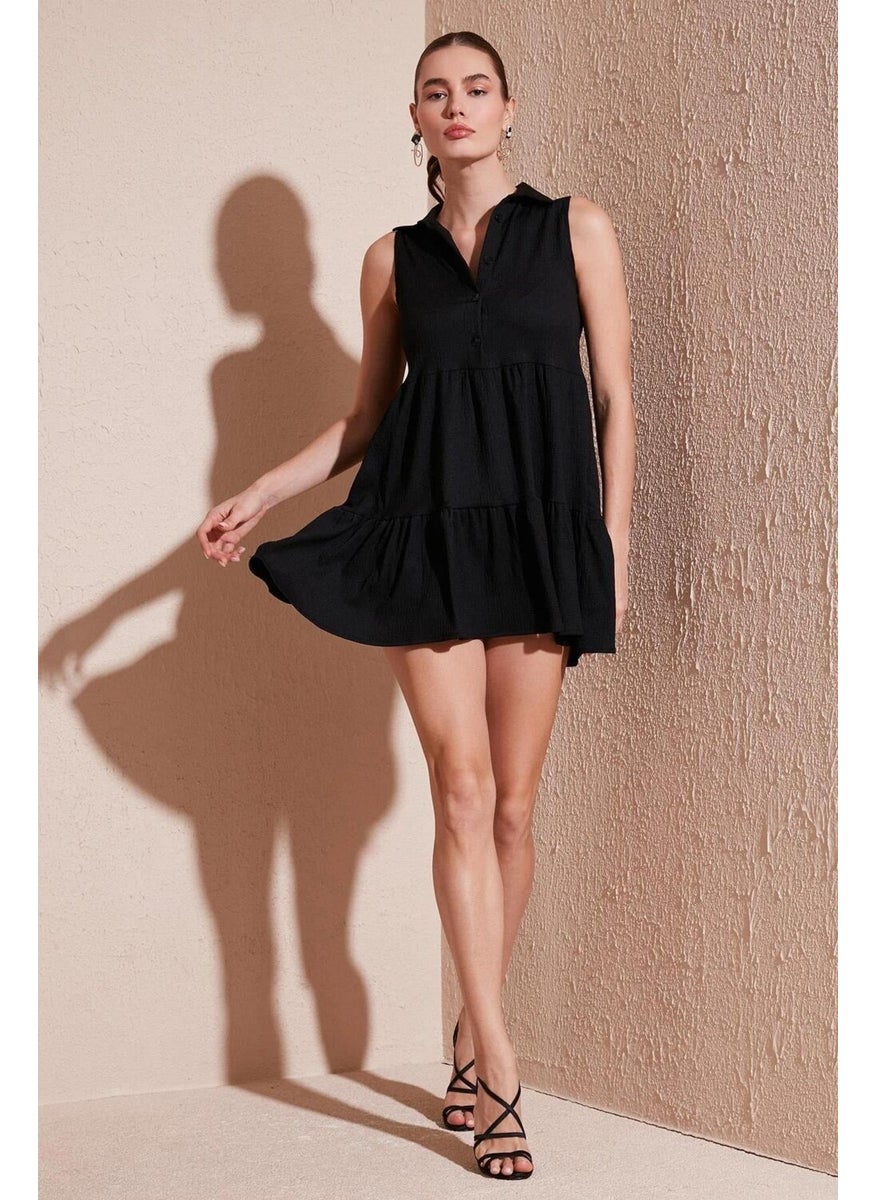 Women's Black Shirt Collar Front Buttoned Rushel Fabric Dress