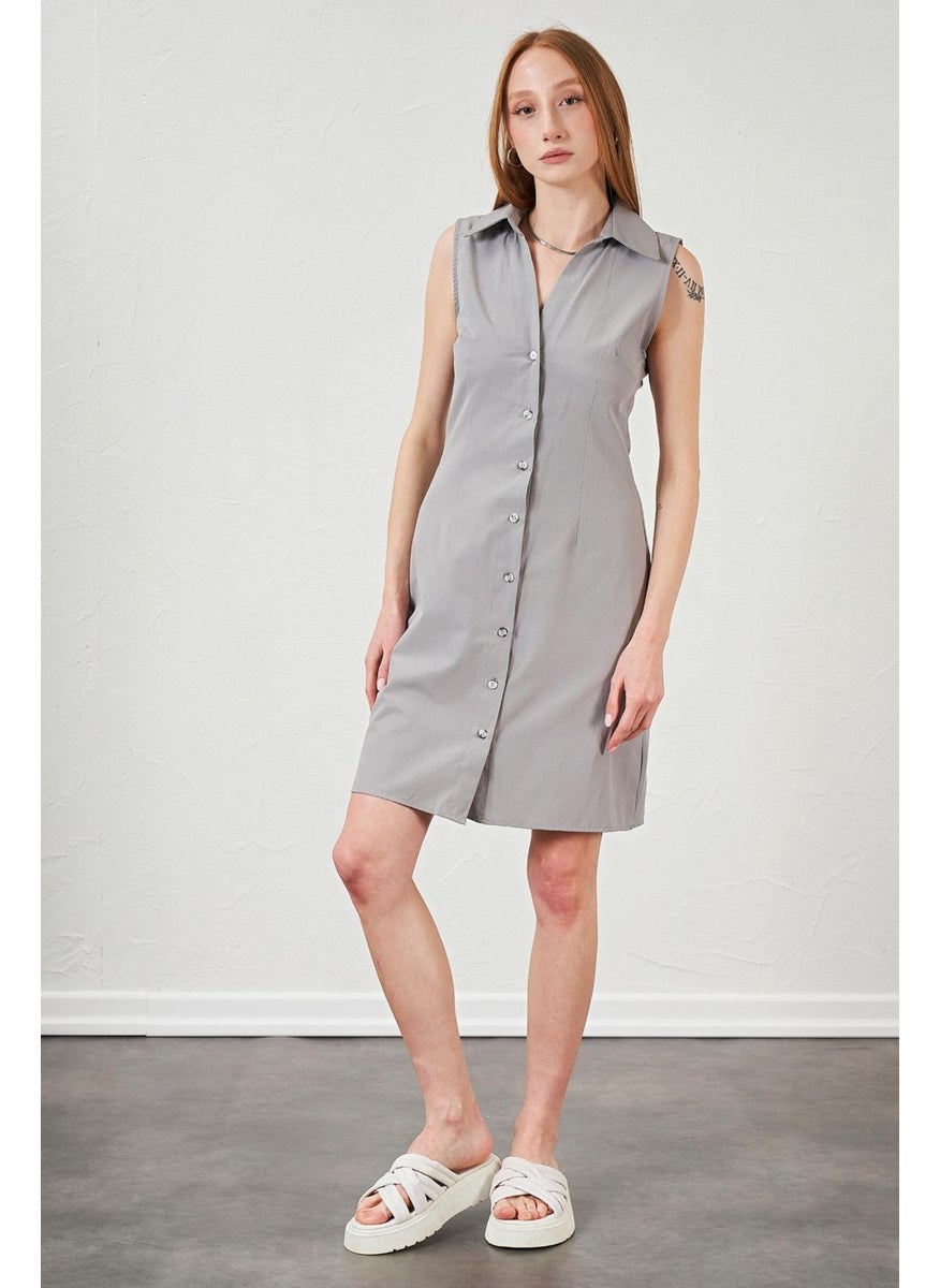 Women's Gray Shirt Button-Front Sleeveless Poplin Dress