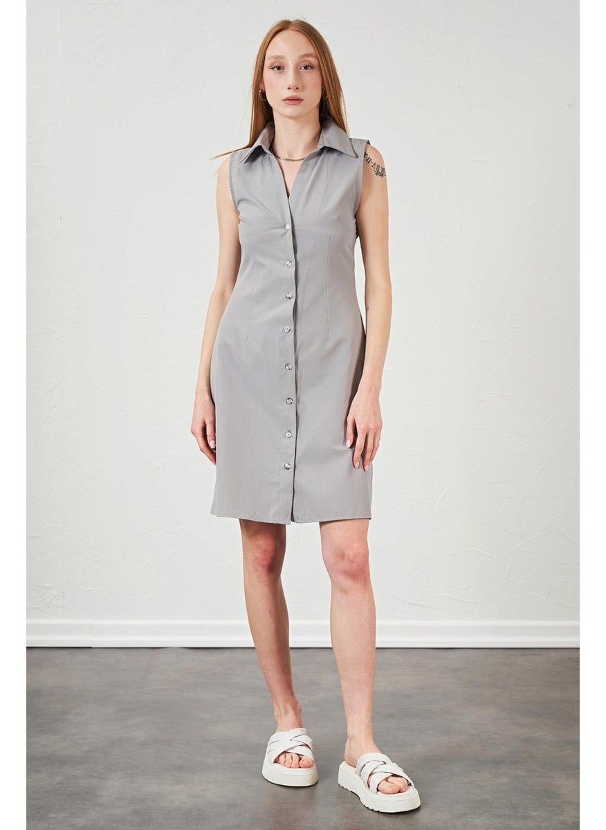 Women's Gray Shirt Button-Front Sleeveless Poplin Dress