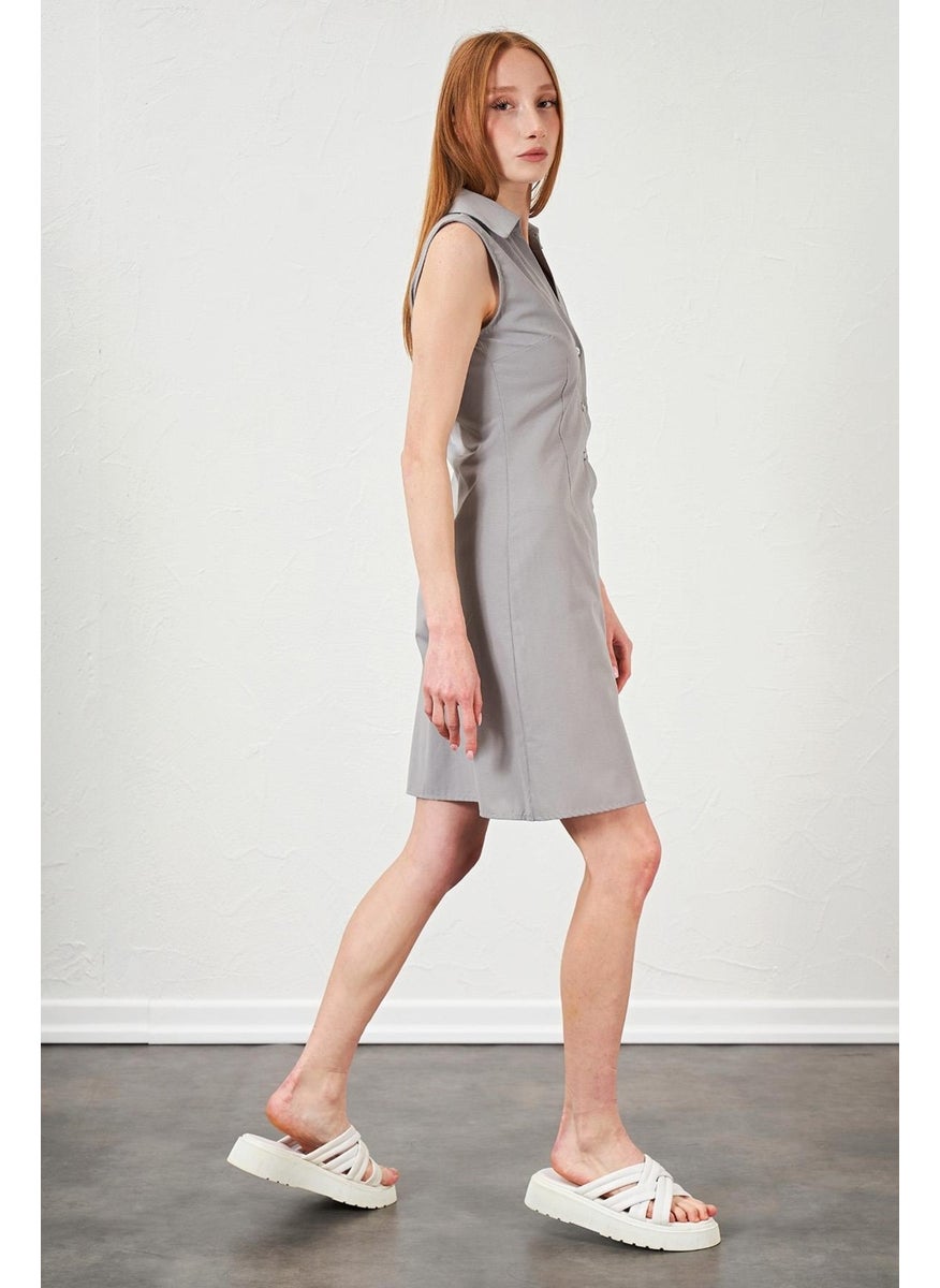 Women's Gray Shirt Button-Front Sleeveless Poplin Dress