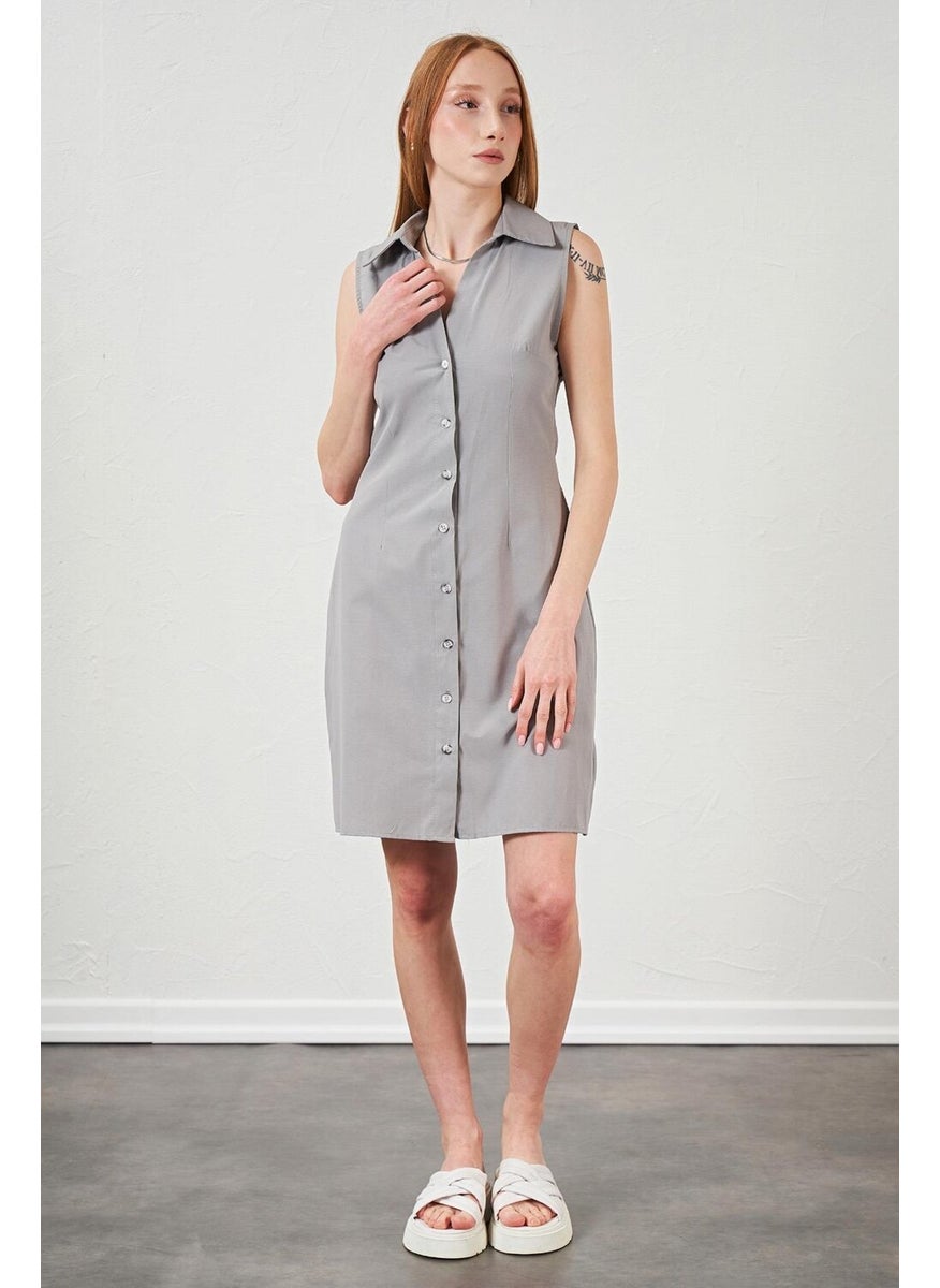Women's Gray Shirt Button-Front Sleeveless Poplin Dress