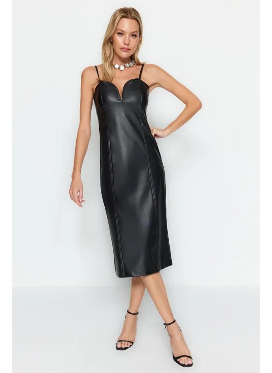 Women's Black Sweetheart Neckline Leather Midi Dress