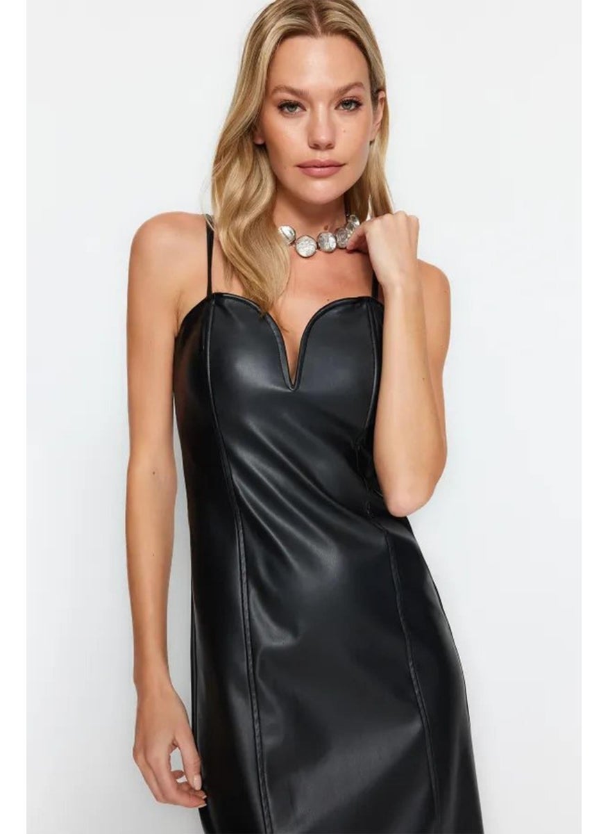 Women's Black Sweetheart Neckline Leather Midi Dress