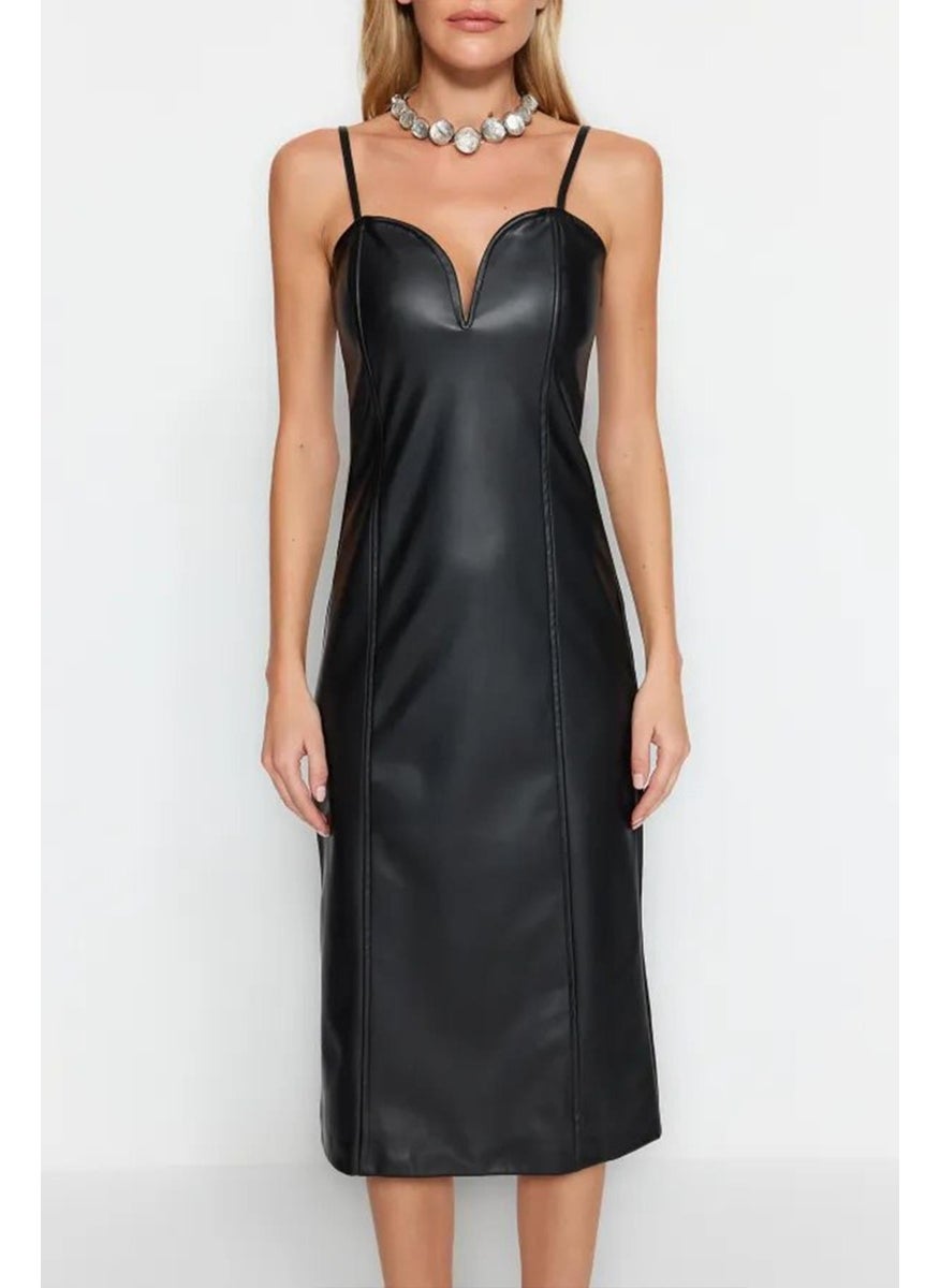 Women's Black Sweetheart Neckline Leather Midi Dress