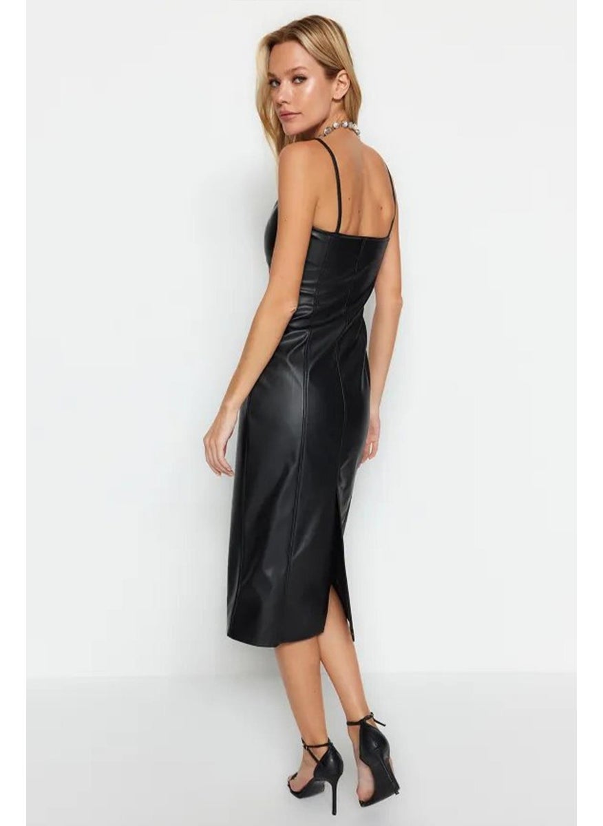 Women's Black Sweetheart Neckline Leather Midi Dress