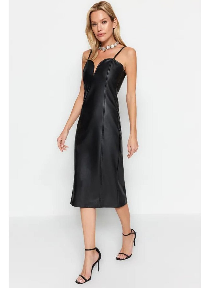 Women's Black Sweetheart Neckline Leather Midi Dress