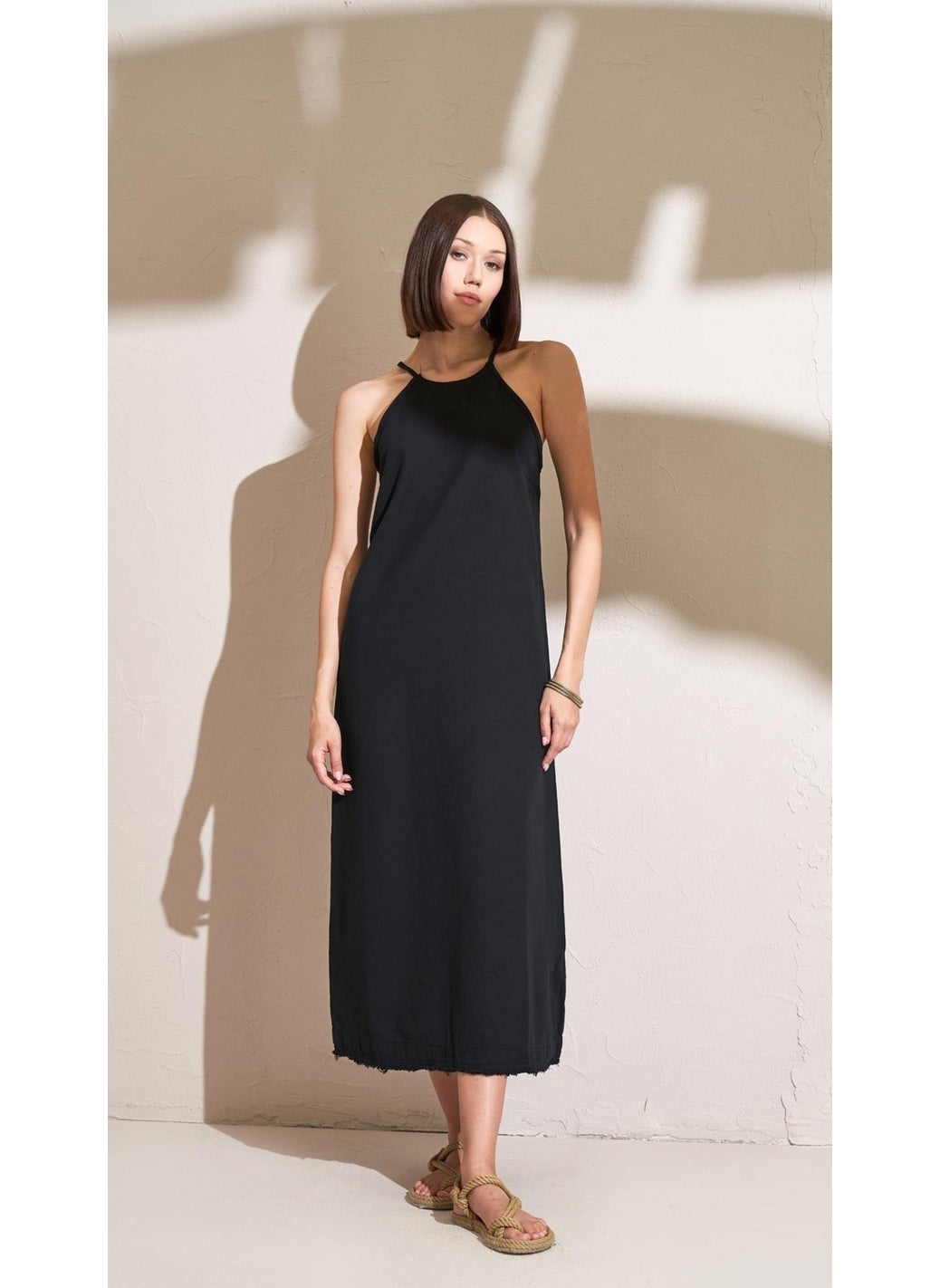 Women's Black Tasseled Hem Rope Strap Long Dress
