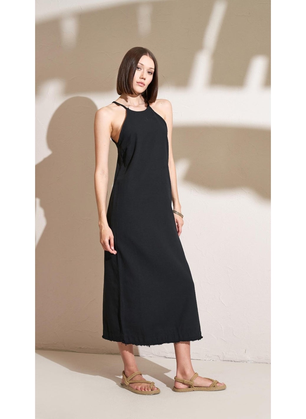 Women's Black Tasseled Hem Rope Strap Long Dress
