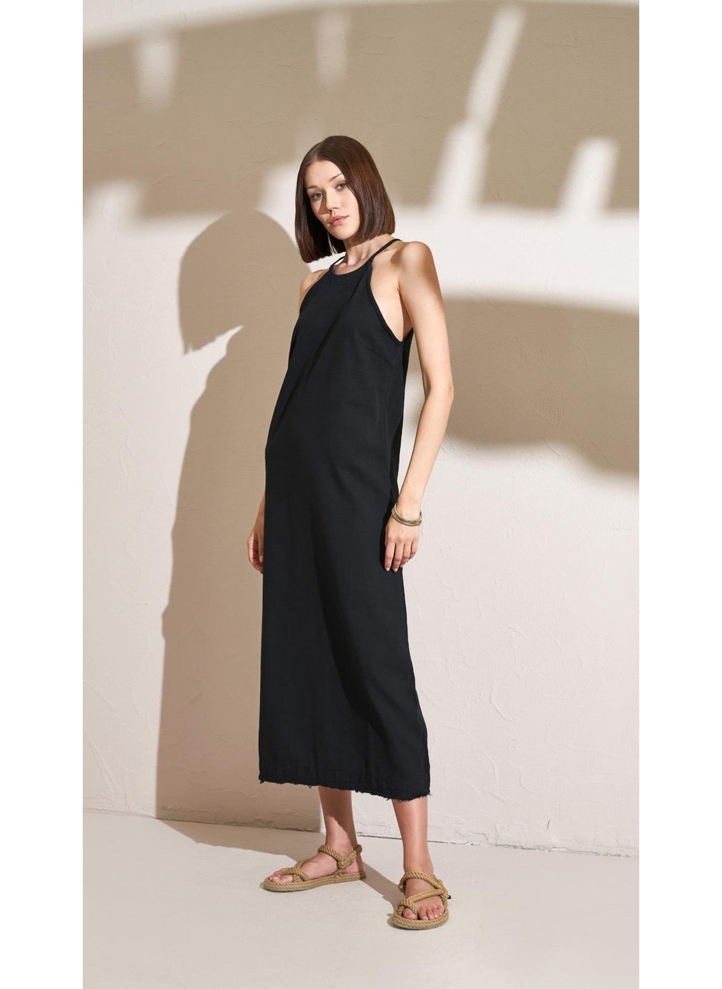 Women's Black Tasseled Hem Rope Strap Long Dress