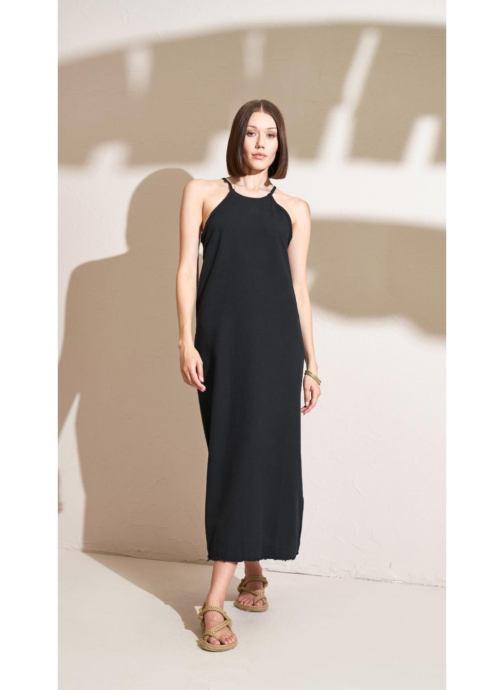 Women's Black Tasseled Hem Rope Strap Long Dress