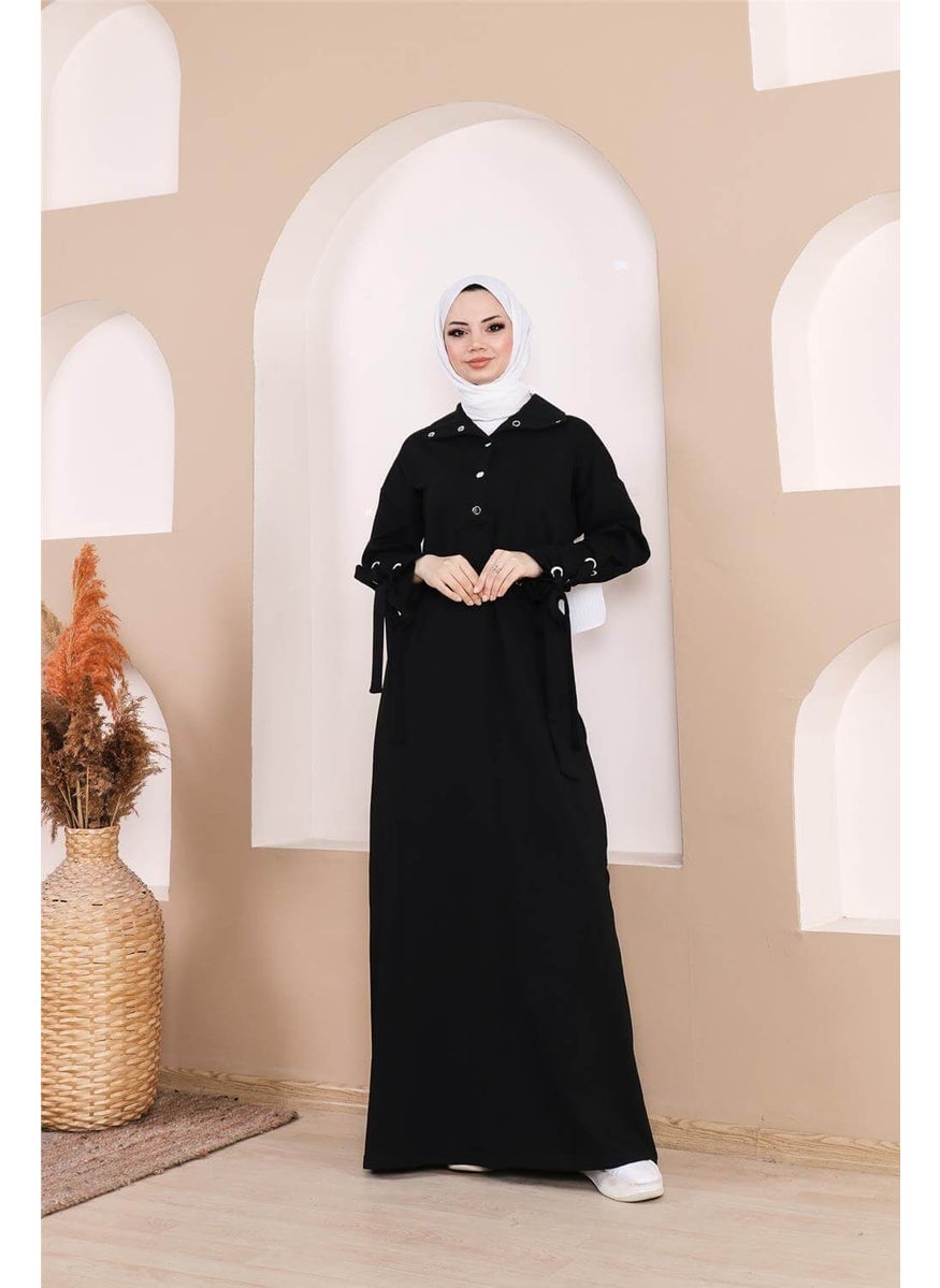 Waist-Tie Snap-Sleeve Stripe Detailed Long Dress - 71183.003 - Black