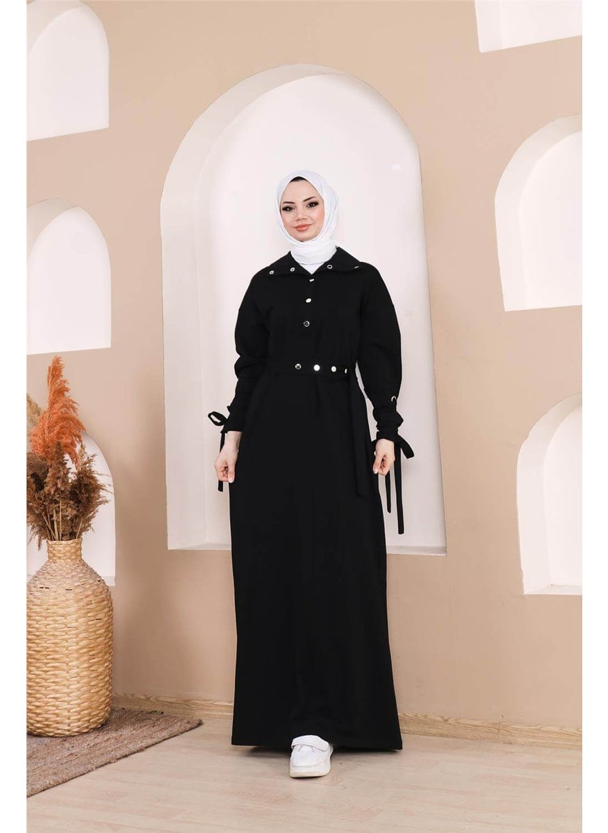 Waist-Tie Snap-Sleeve Stripe Detailed Long Dress - 71183.003 - Black