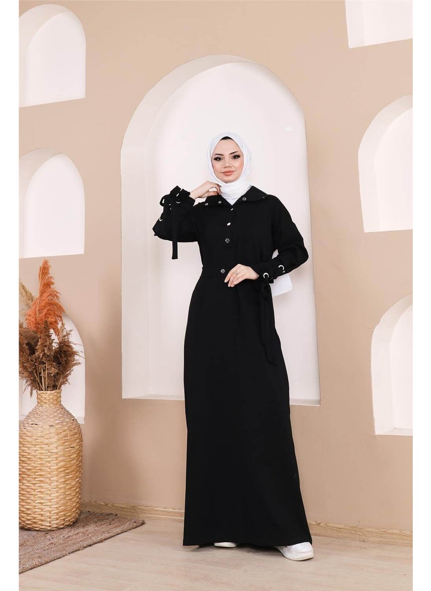 Waist-Tie Snap-Sleeve Stripe Detailed Long Dress - 71183.003 - Black