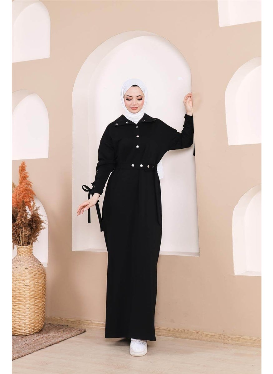 Waist-Tie Snap-Sleeve Stripe Detailed Long Dress - 71183.003 - Black