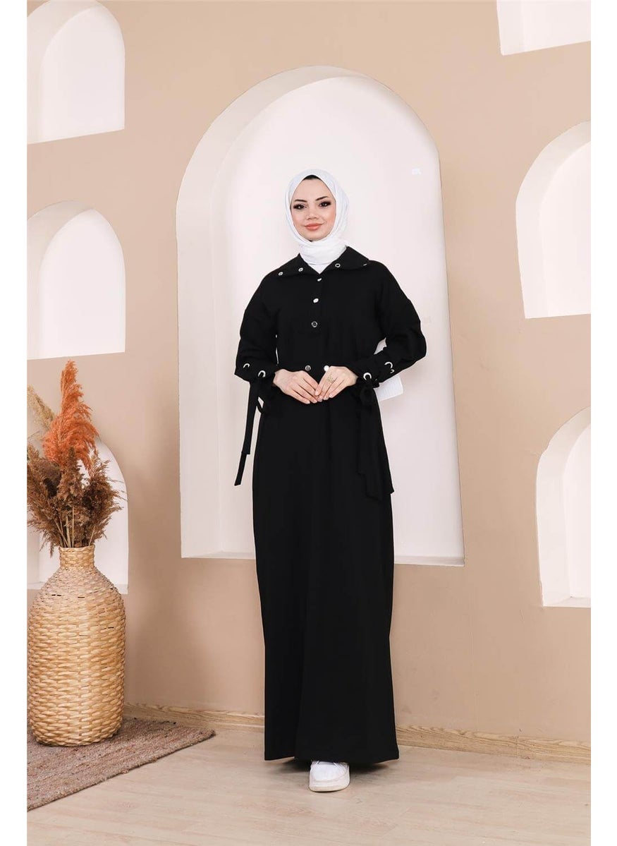 Waist-Tie Snap-Sleeve Stripe Detailed Long Dress - 71183.003 - Black