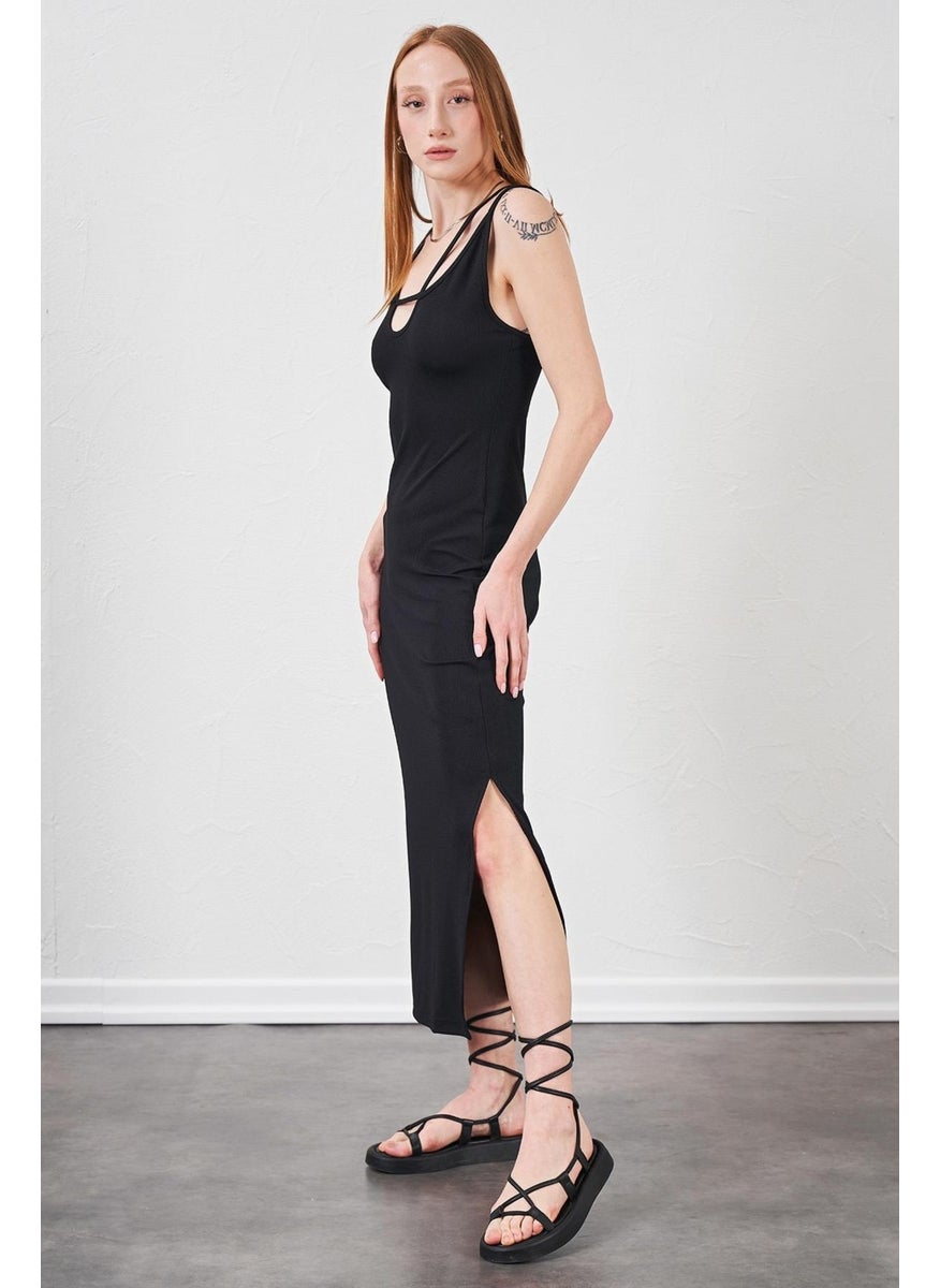 Women's Black Double Lined Wrinkled Fabric Dress