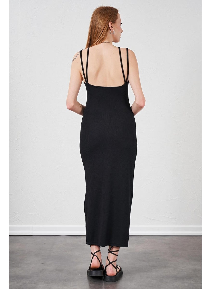 Women's Black Double Lined Wrinkled Fabric Dress