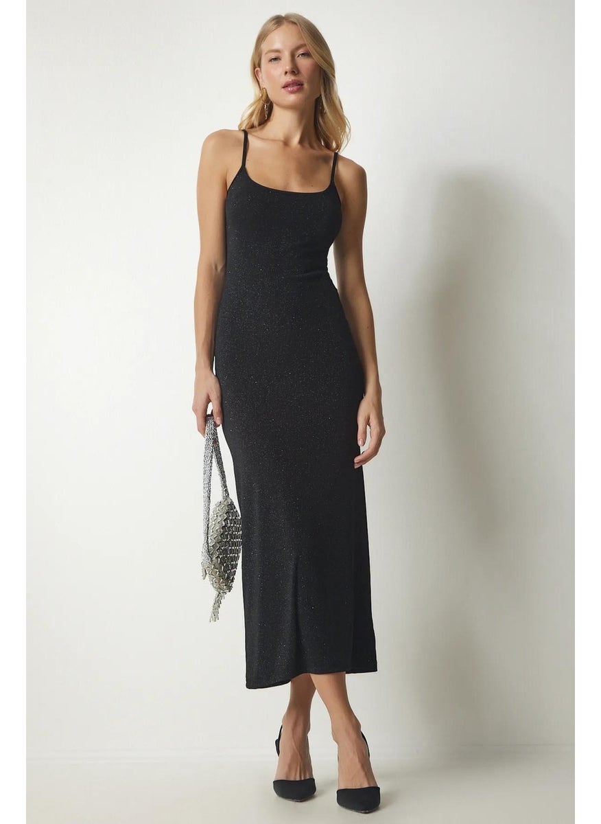 Women's Black Rope Strapped Glittery Lycra Long Dress