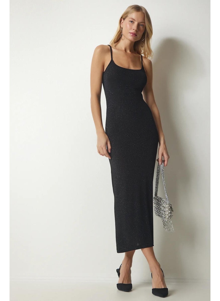 Women's Black Rope Strapped Glittery Lycra Long Dress
