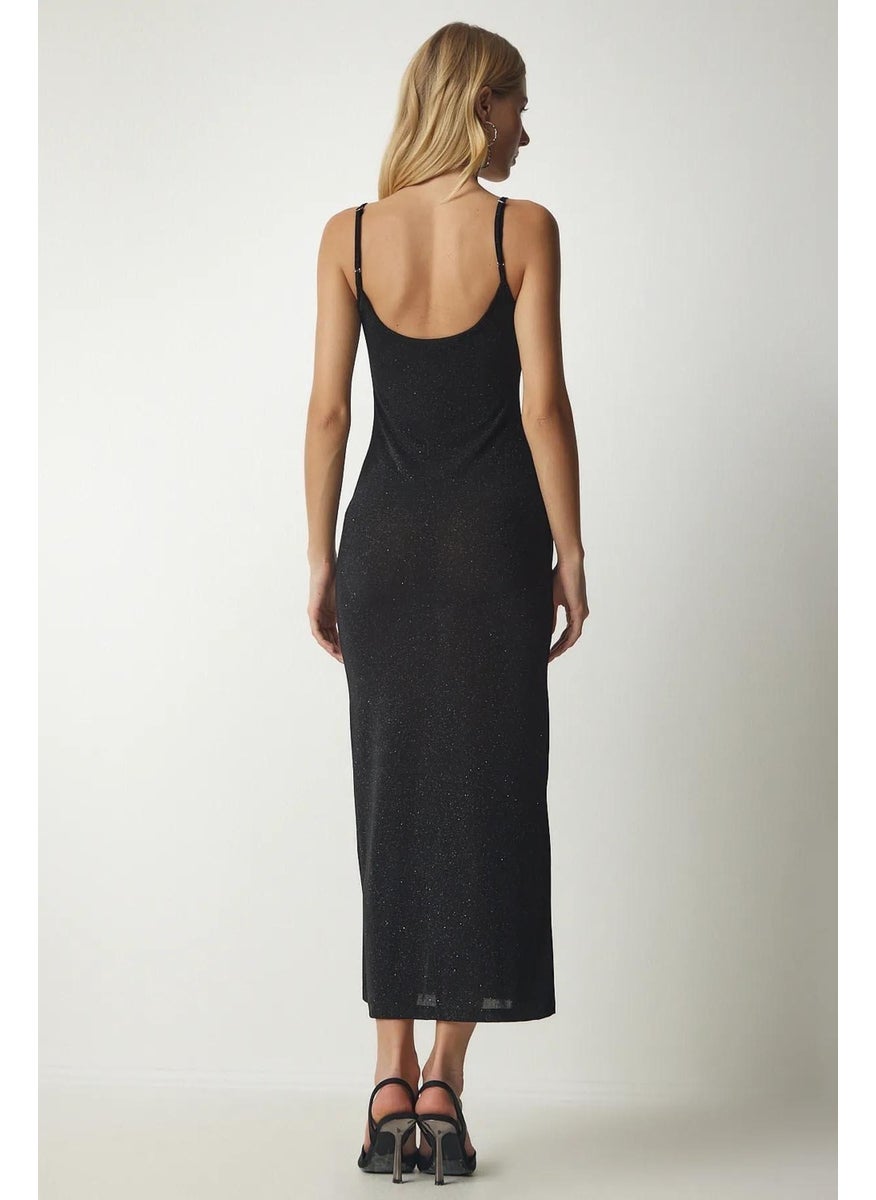 Women's Black Rope Strapped Glittery Lycra Long Dress