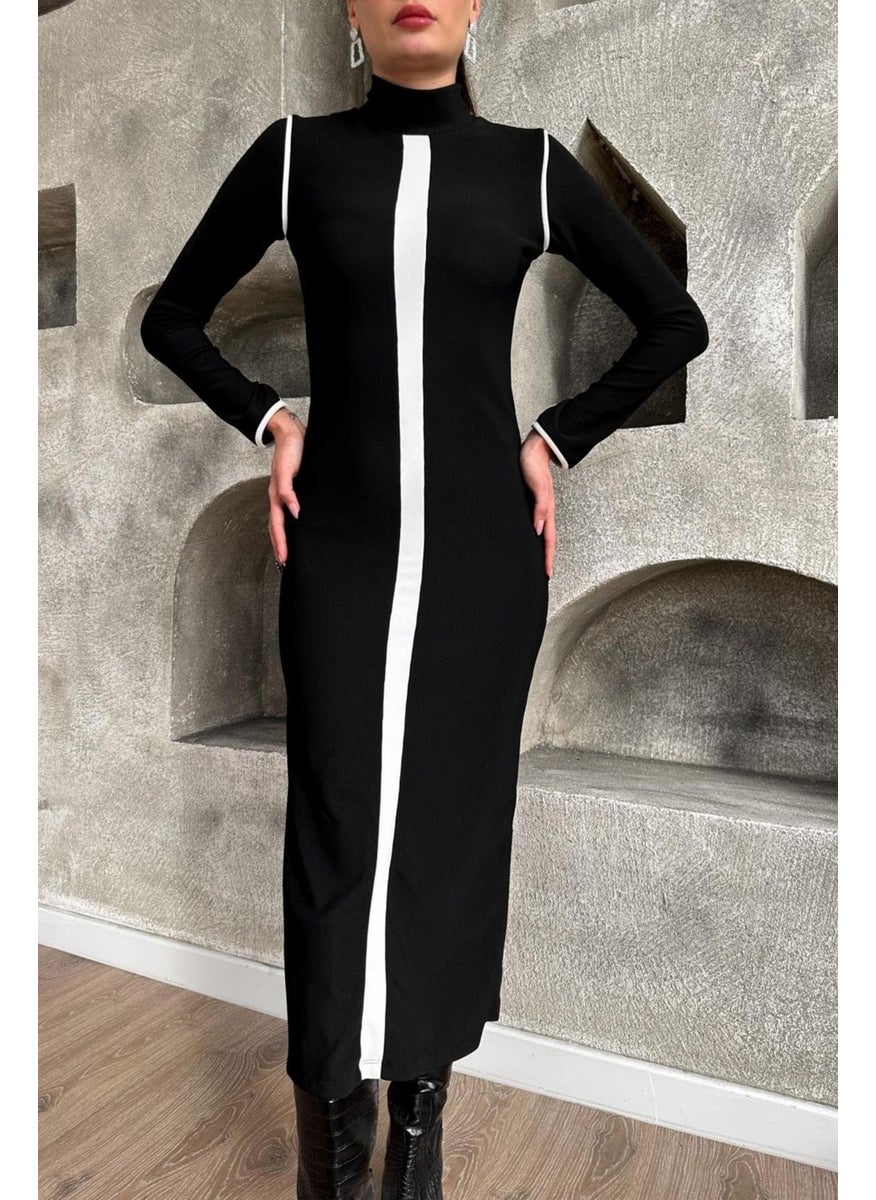 Women's Black All-Striped Ottoman Dress with Back Slit