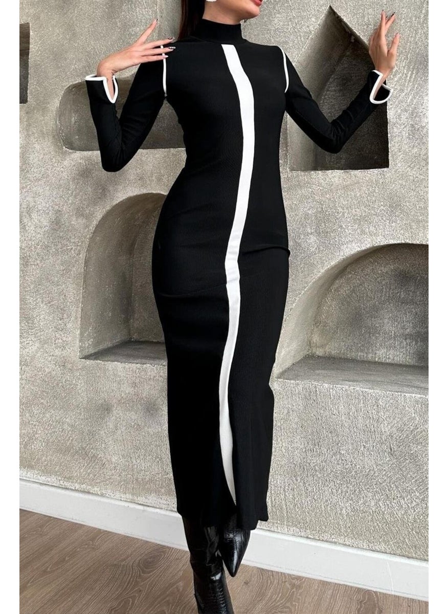Women's Black All-Striped Ottoman Dress with Back Slit
