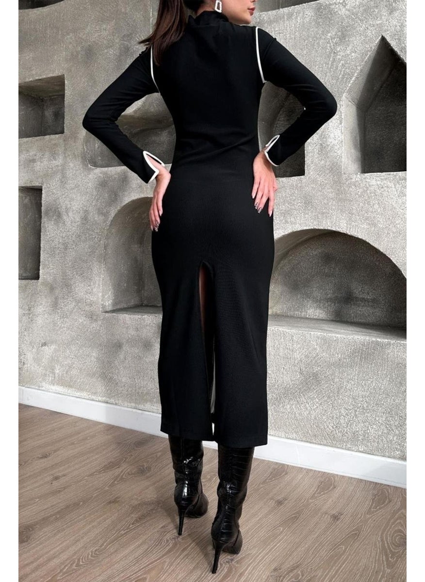 Women's Black All-Striped Ottoman Dress with Back Slit