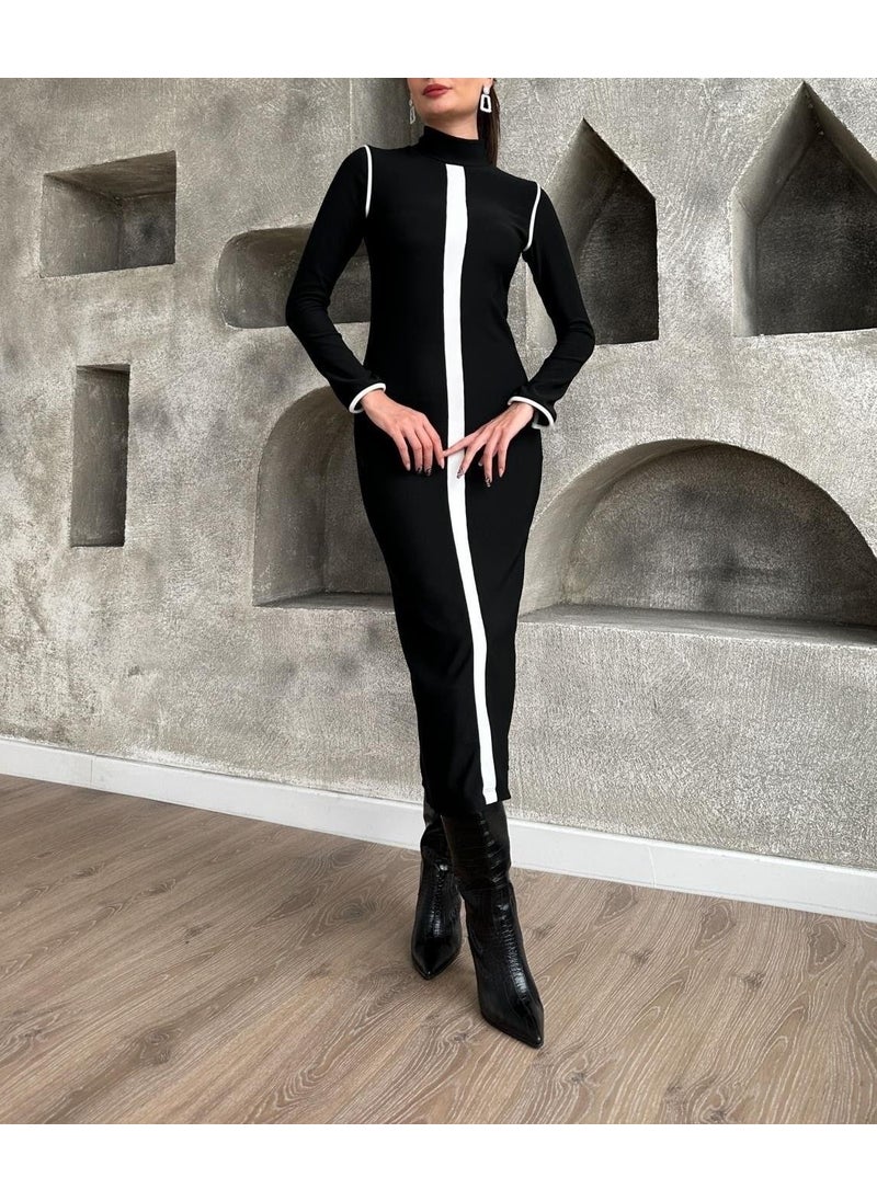 Women's Black All-Striped Ottoman Dress with Back Slit