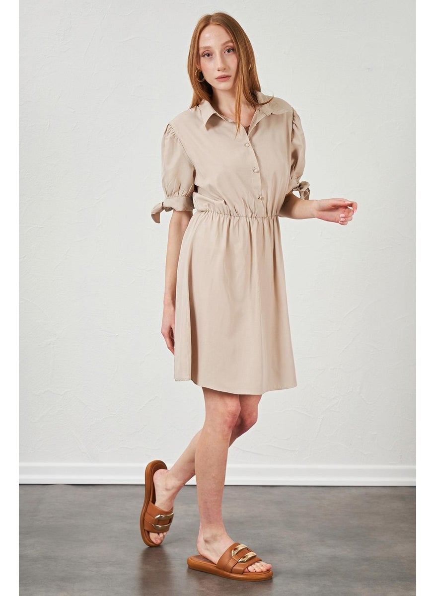 Women's Beige Poplin Dress with Tied Sleeves