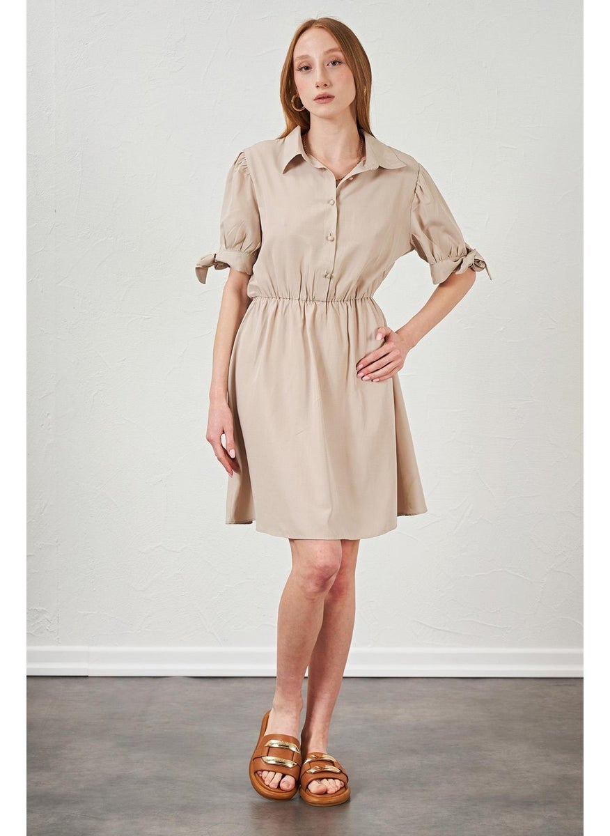 Women's Beige Poplin Dress with Tied Sleeves
