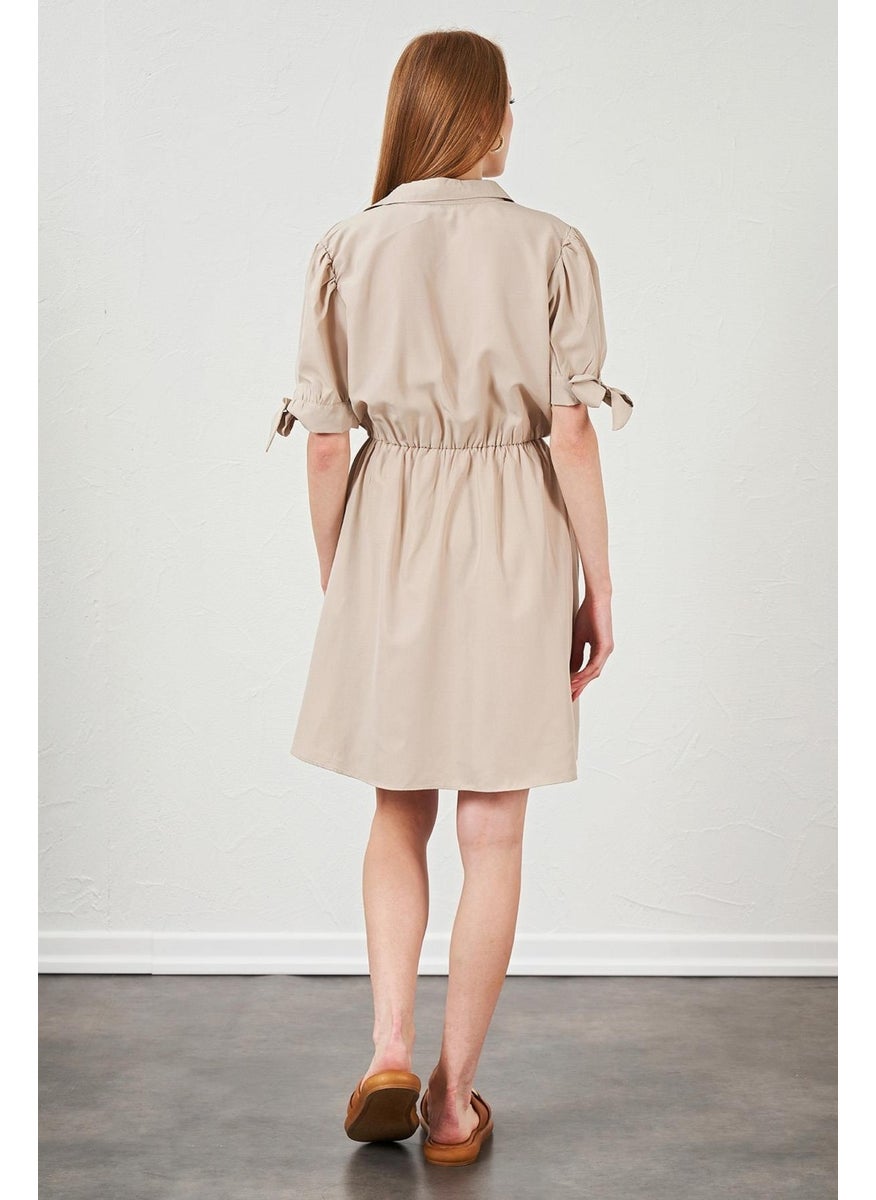 Women's Beige Poplin Dress with Tied Sleeves