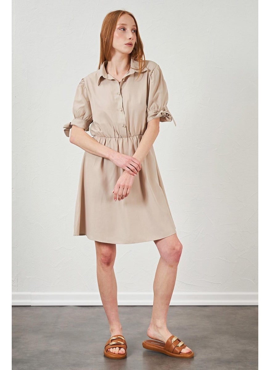 Women's Beige Poplin Dress with Tied Sleeves