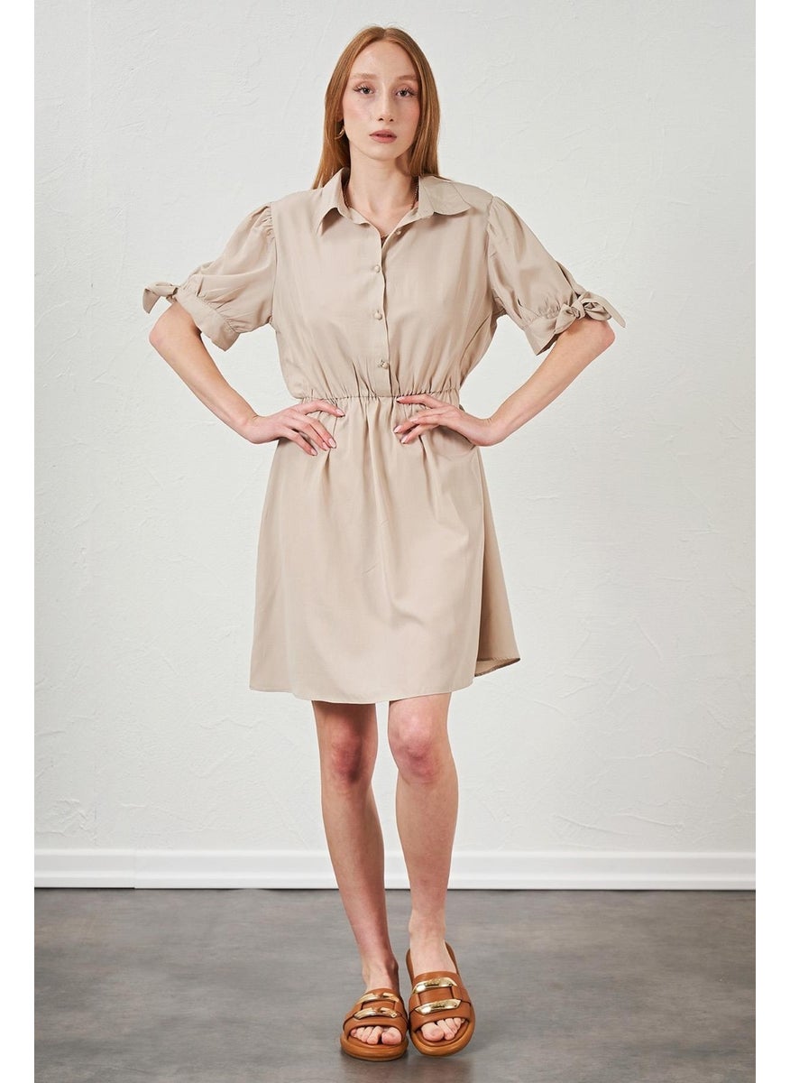 Women's Beige Poplin Dress with Tied Sleeves