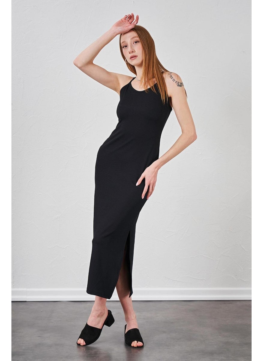 Women's Black Rope Strap Twisted Fabric Bacis Dress