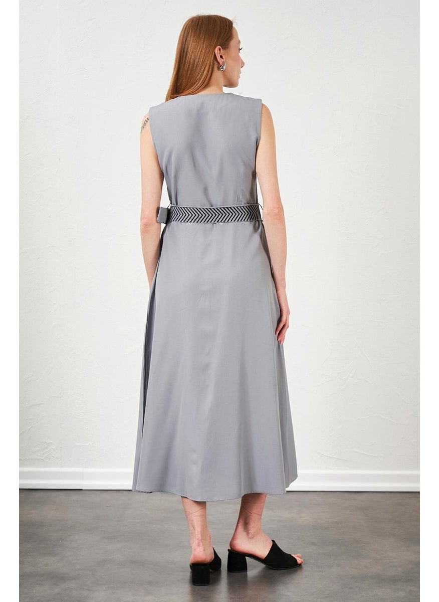 Women's Gray Collar Frilly Front Buttoned Sleeveless Poplin Fabric Long Dress